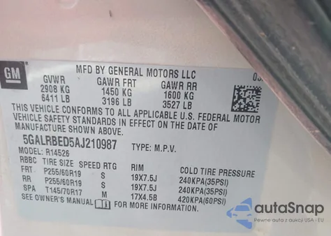 2010 Buick Enclave 1Xl from USA, damaged, VIN 5GALRBED5AJ210987